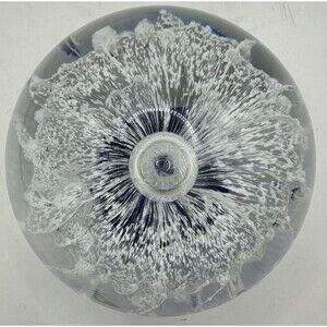 Cobalt Blue White Ghost Fish Flower Eye Trailing Bubbles Hand Blown Paperweight